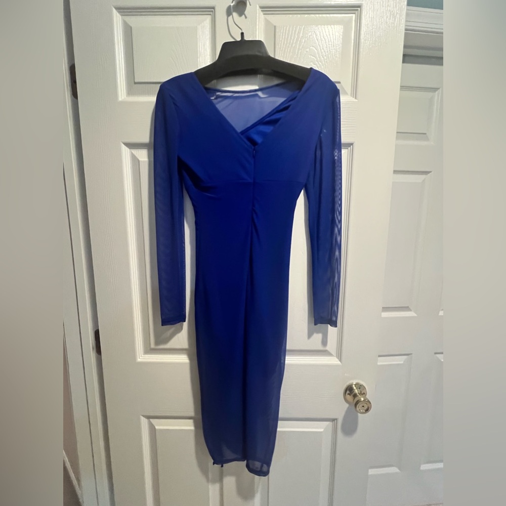 Bebe Royal Blue Mini Dress with Sheer Sleeves Size Small